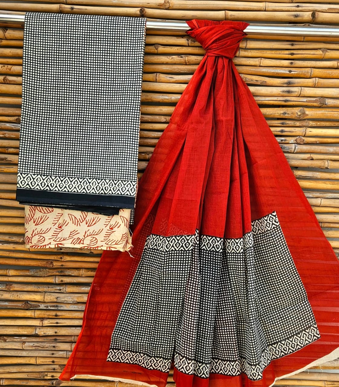Ash Grey Check Handblock Printed Cotton Suit Set - Solid Ruby Red Border