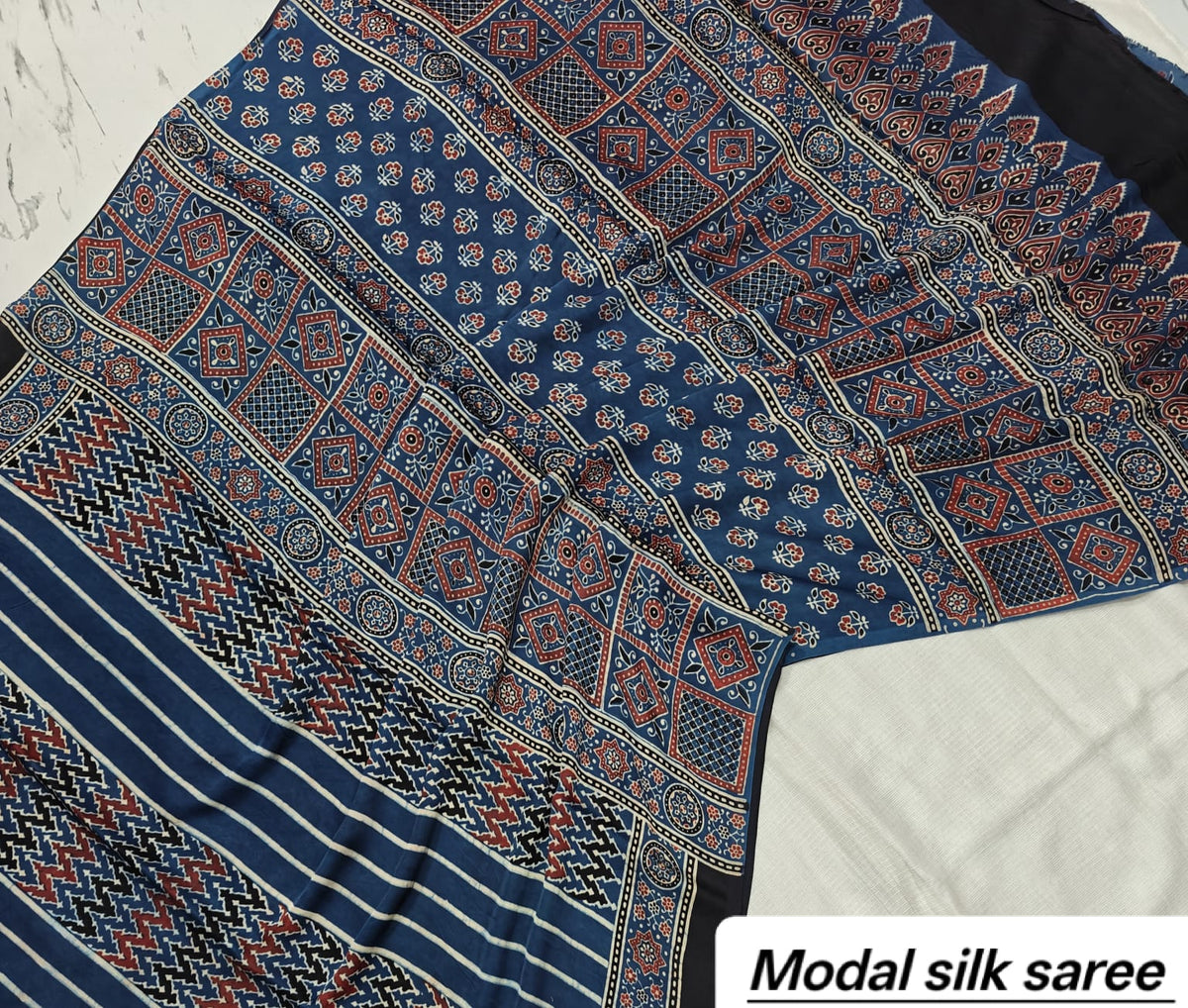Beautiful Variant 0 Handblock Print Pure Modal Silk Ajrakh Saree