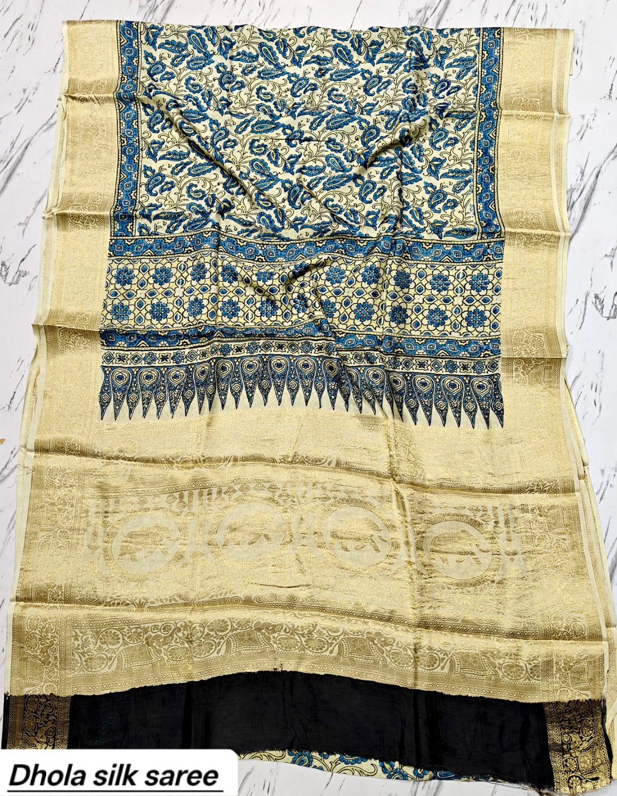 Beige & Indigo Floral Geometric Pure Dola Silk Ajrakh Handblock Printed Saree
