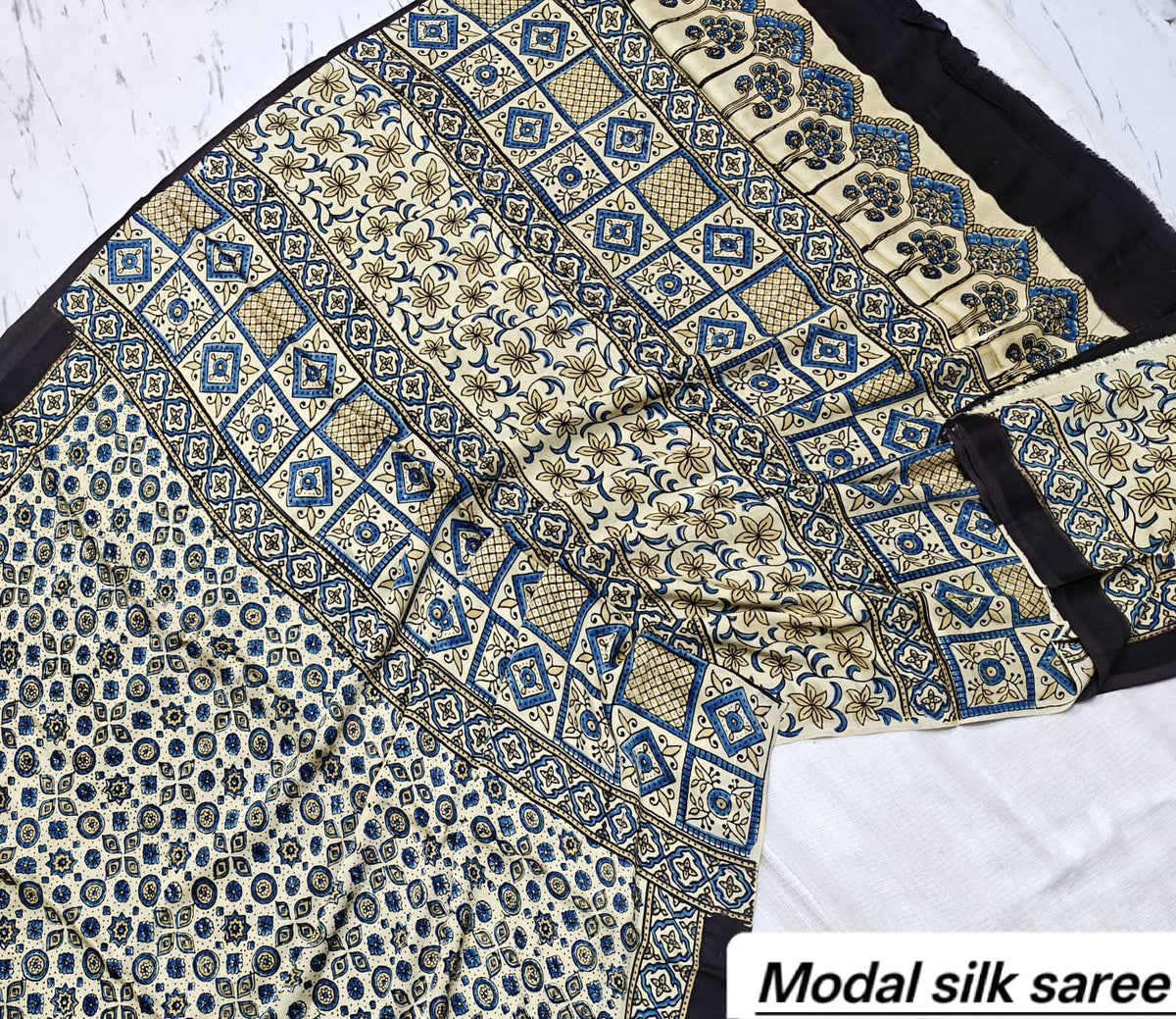 Beige & Indigo Geometric Handblock Print Pure Modal Silk Ajrakh Saree