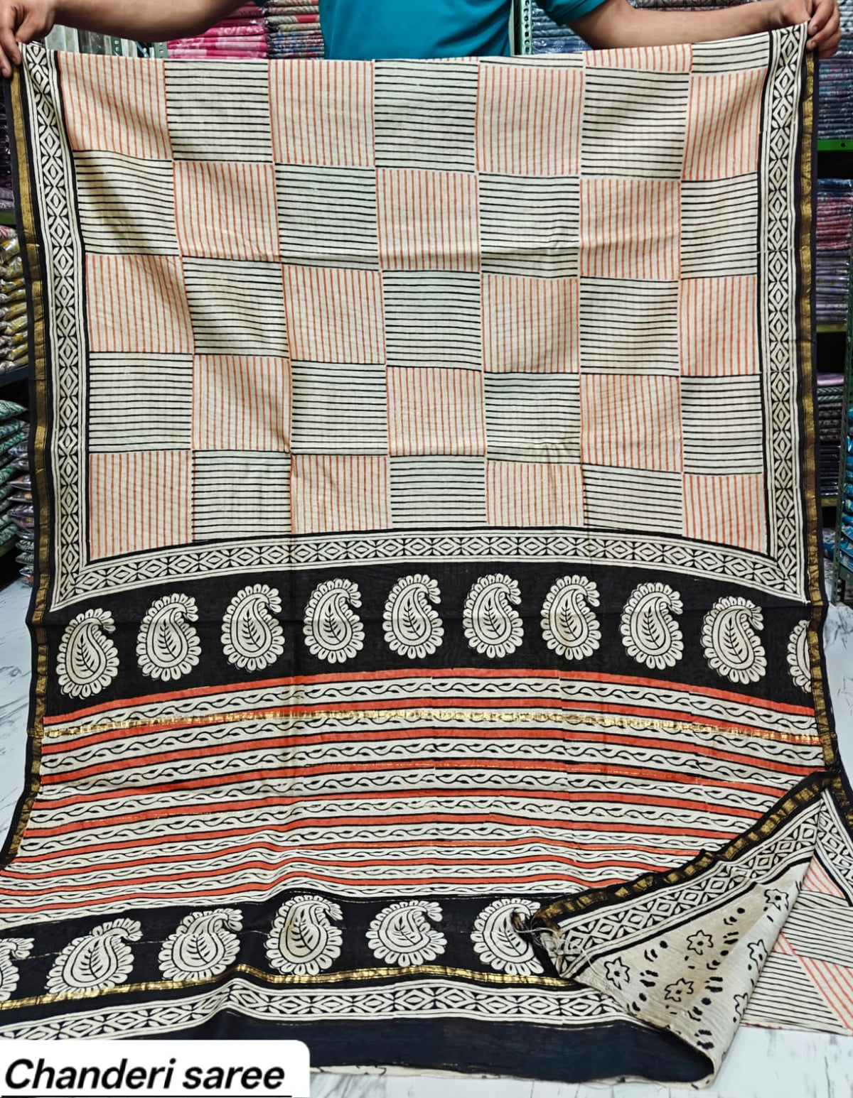 Beige & Red Checked Chanderi Bagru Handblock Printed Silk Saree With Blouse