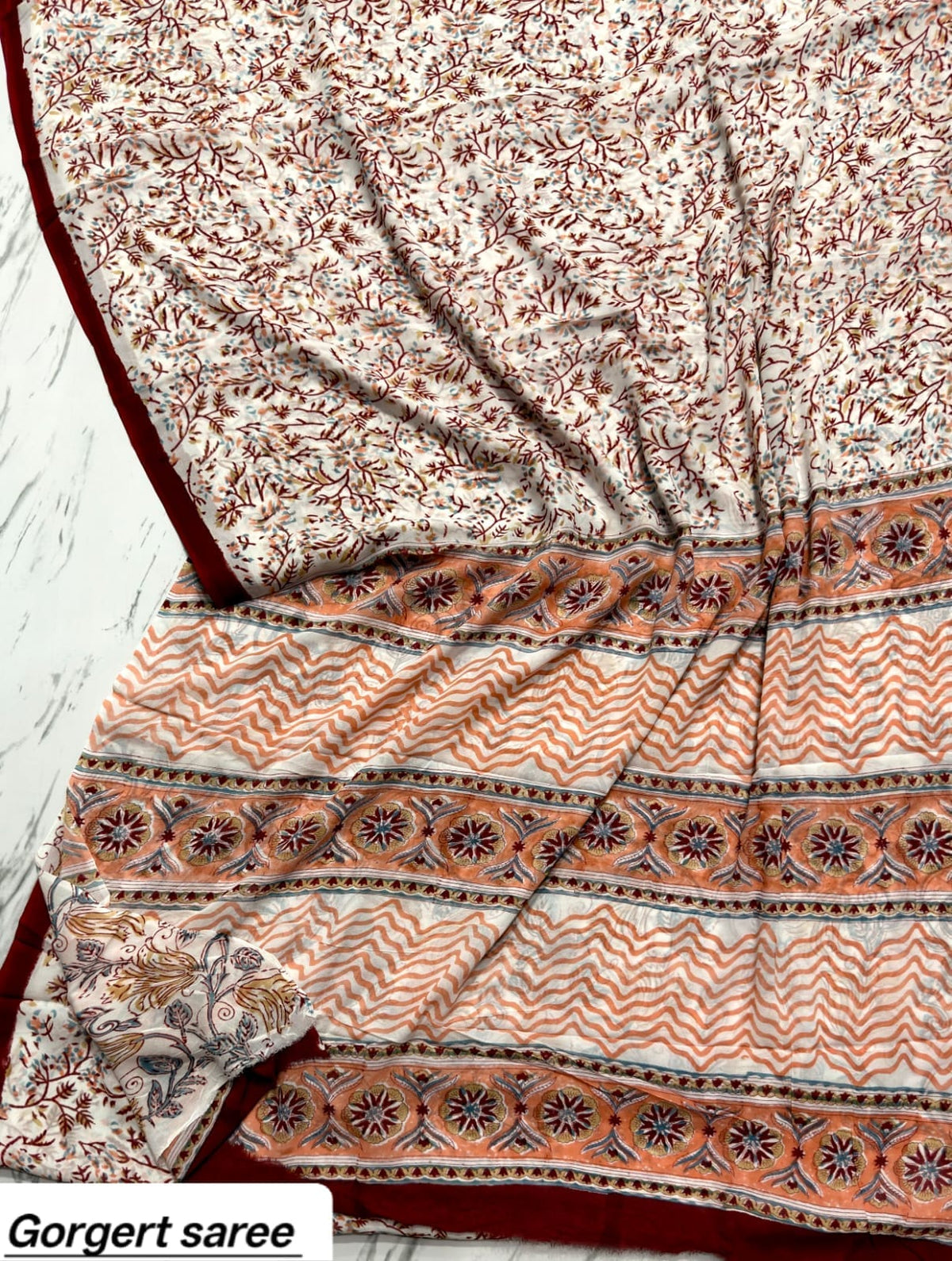 Beige & Rust Floral Handblock Printed Georgette Saree