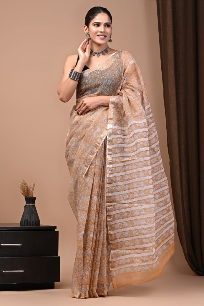 Beige & White Striped Hand Block Printed Kota Doria Cotton Saree