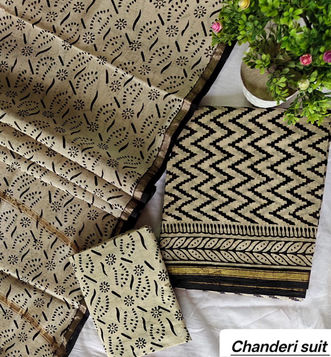 Beige and Black Tribal Zigzag Handblock Printed Pure Chanderi Silk Unstitched Suit Set