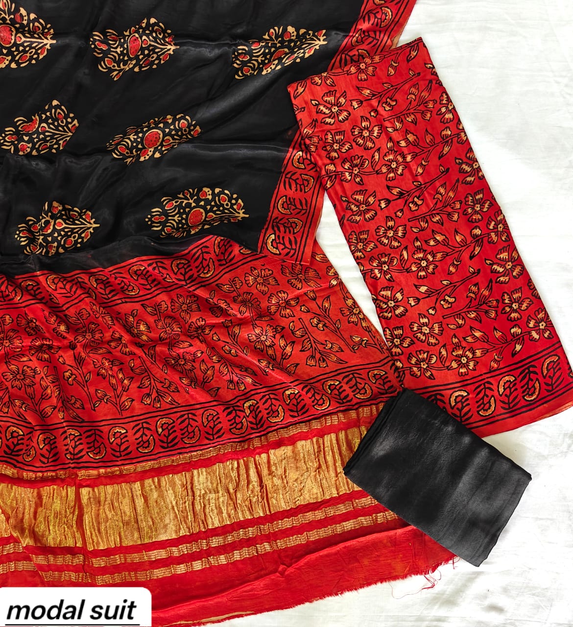 Black & Crimson Red Floral Booti Premium Pomegranate Printed Modal Silk Handblock Unstitched Suit Material