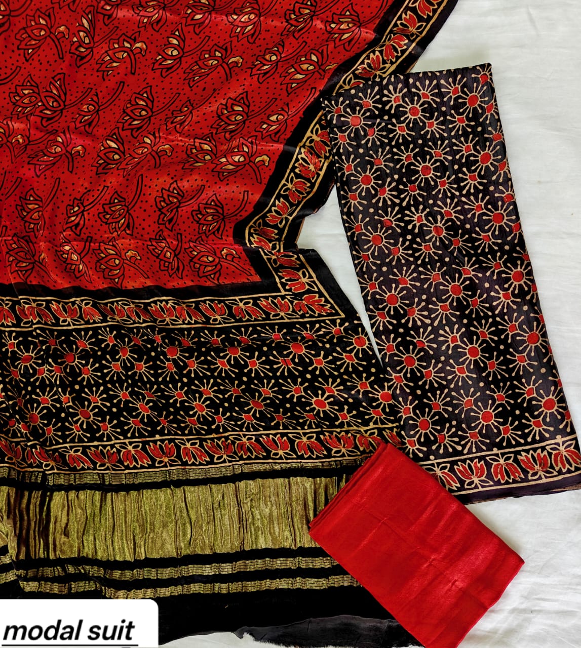 Black & Crimson Red Geometric Tile Premium Pomegranate Printed Modal Silk Handblock Unstitched Suit Material