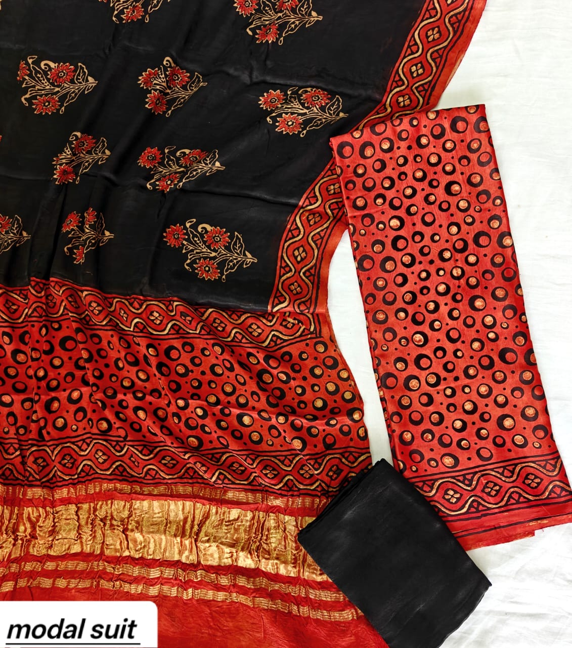 Black & Orange Floral Premium Pomegranate Printed Modal Silk Handblock Unstitched Suit Material