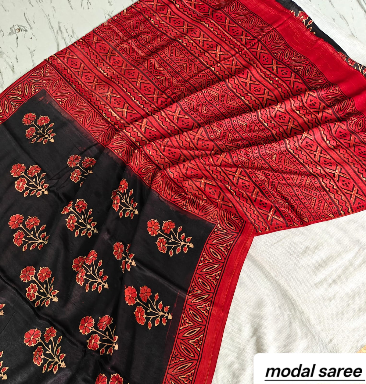 Black & Red Floral Booti Handblock Print Pure Modal Silk Ajrakh Saree