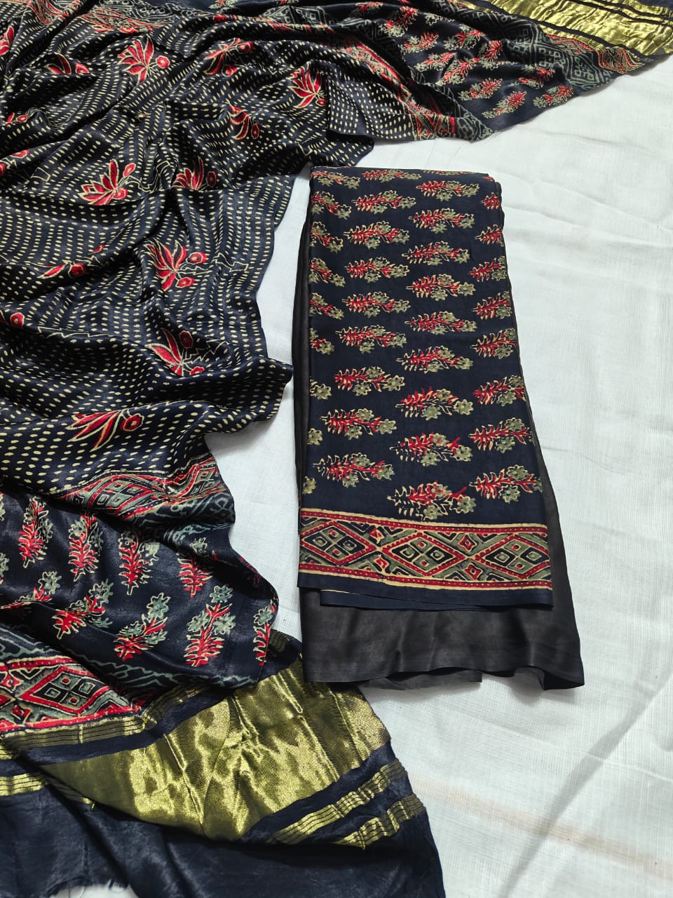 Black & Red Floral Geometric Premium Pomegranate Printed Modal Silk Handblock Unstitched Suit Material