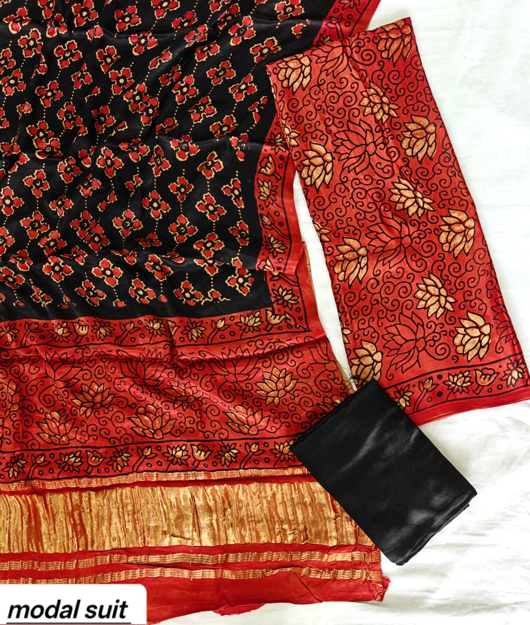 Black & Red Small Booti Premium Pomegranate Printed Modal Silk Handblock Unstitched Suit Material