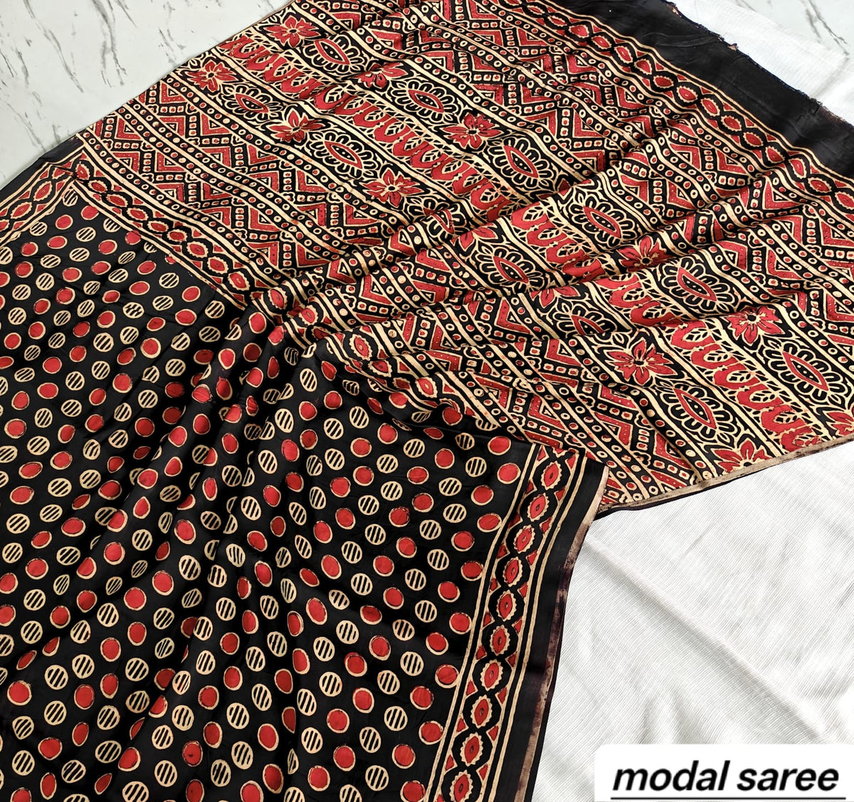 Black & Red Small Floral Booti Handblock Print Pure Modal Silk Ajrakh Saree