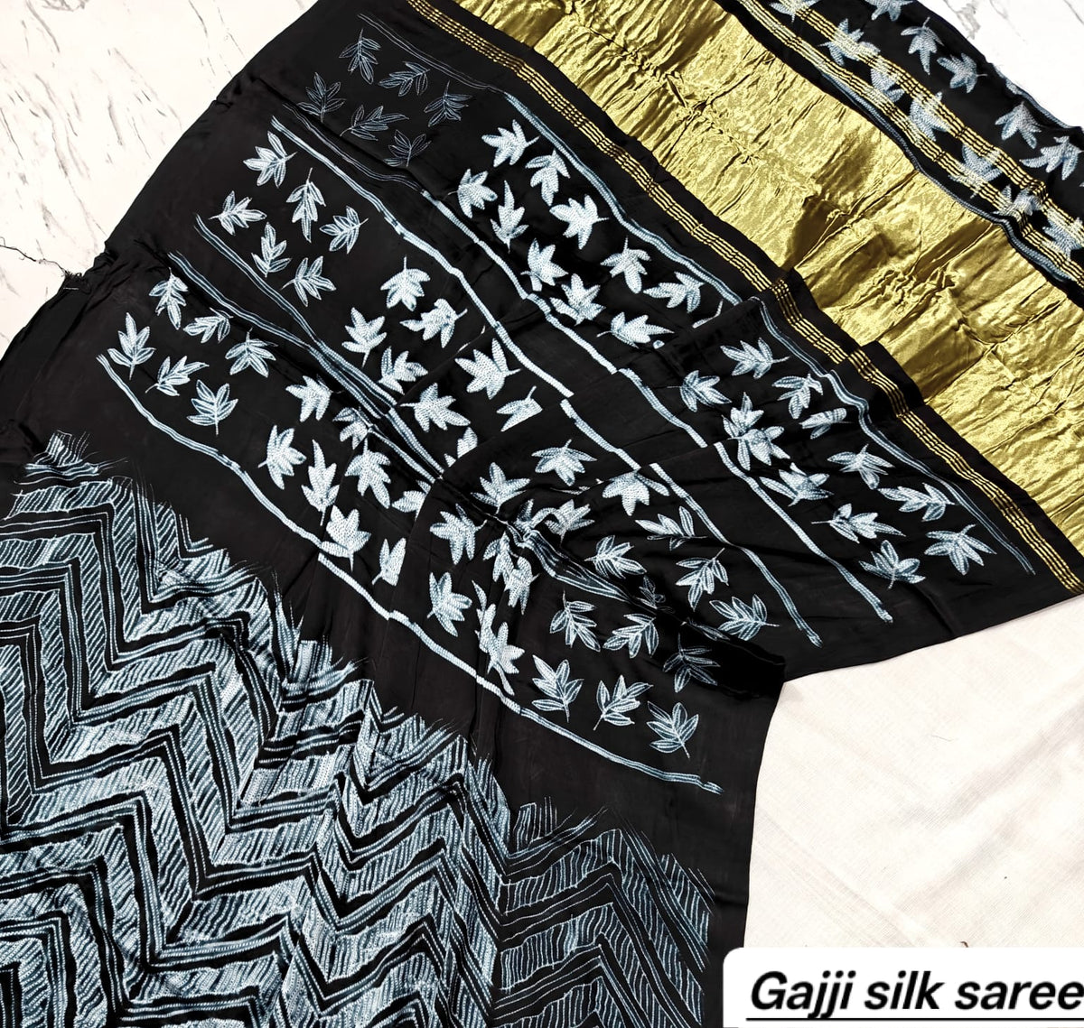 Black & White Leaf Motif Ajrakh Handblock Saree in Pure Gajji Silk