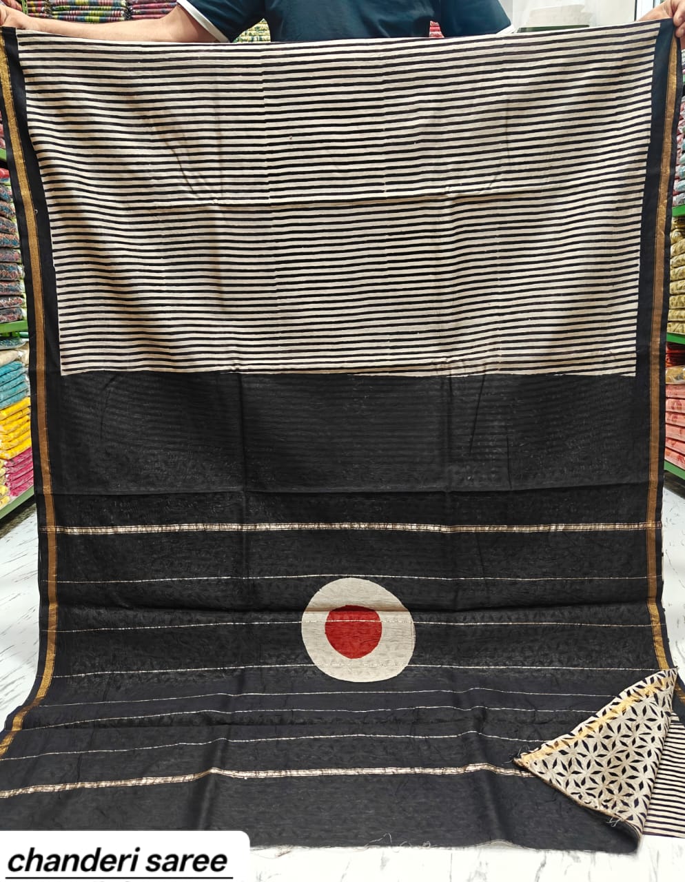 Black & White Striped with Red Polka Dot Chanderi Bagru Handblock Printed Silk Cotton Saree With Blouse