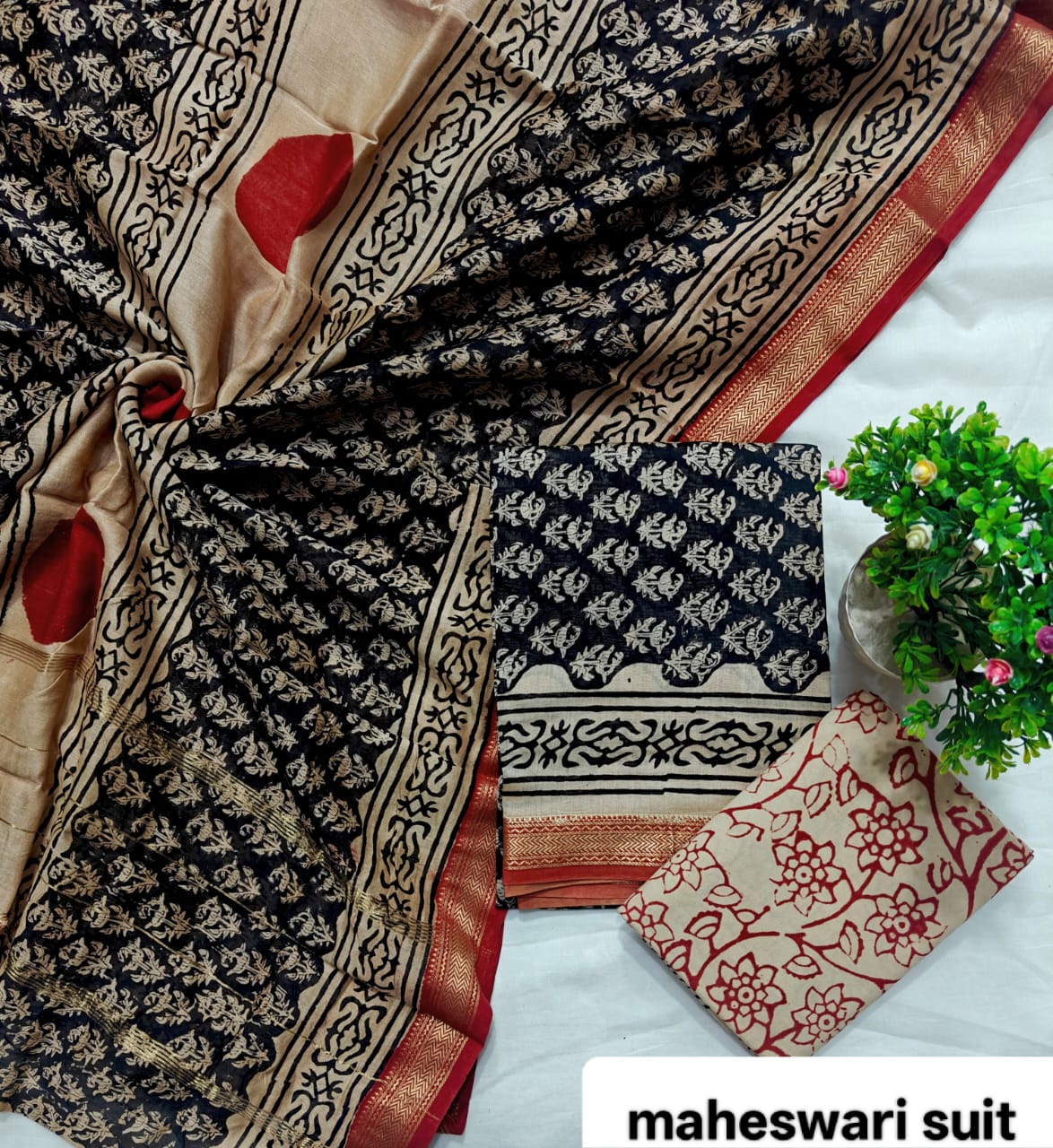 Black and Ash Grey Abstract Motif Handblock Printed Pure Maheshwari Silk Suit Set with Zari Border