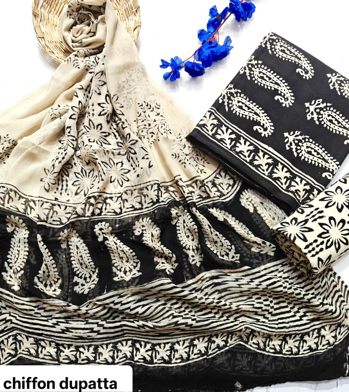 Black and White Classic Traditional Handblock Cotton Suit Set with Chiffon Dupatta