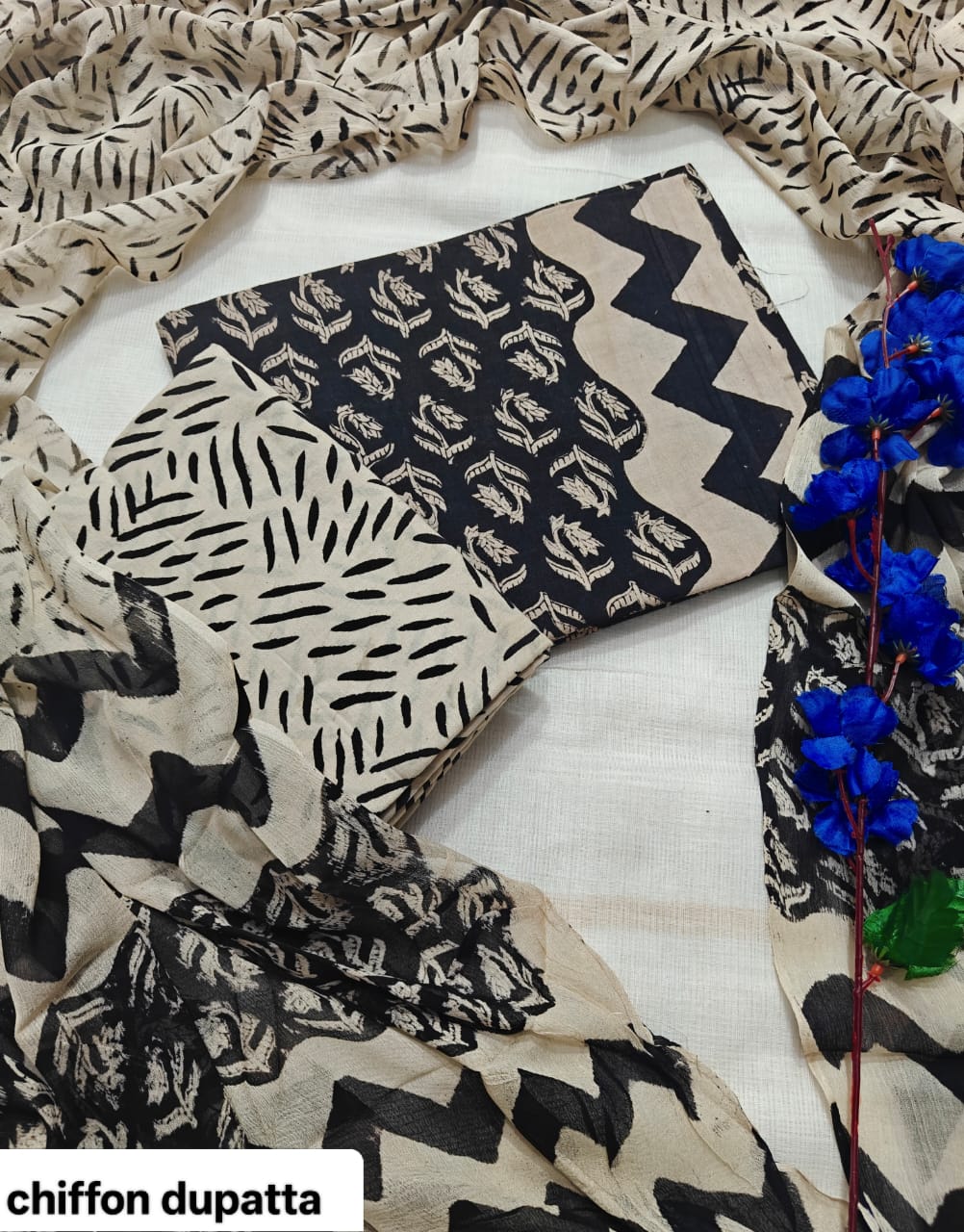 Black and White Geometric Traditional Handblock Cotton Suit Set with Chiffon Dupatta