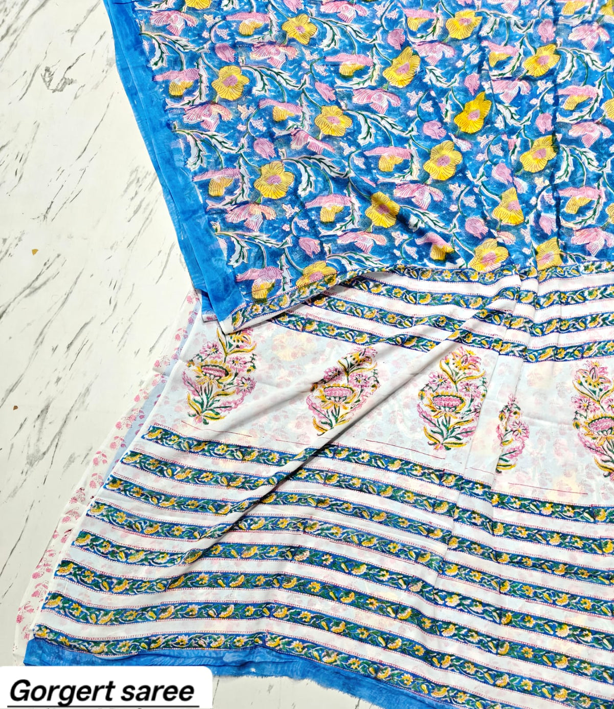 Bright Blue Floral Handblock Printed Georgette Saree