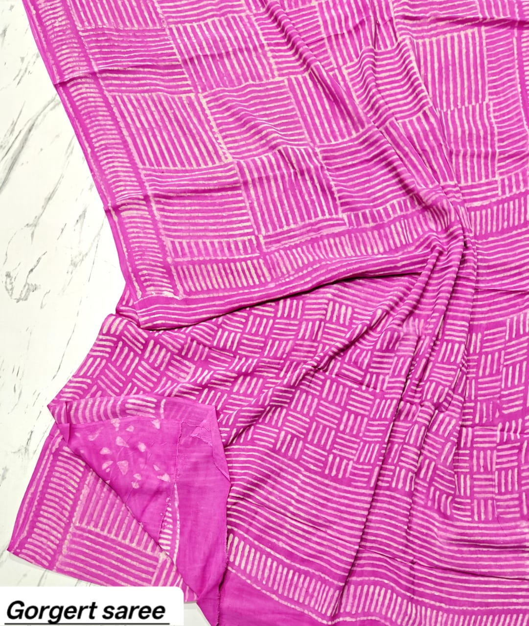 Bright Pink Geometric Handblock Printed Georgette Saree