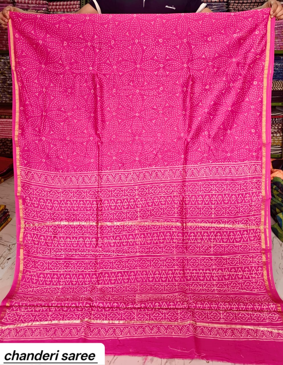 Bright Pink Solid Chanderi Bagru Handblock Printed Silk Saree With Blouse