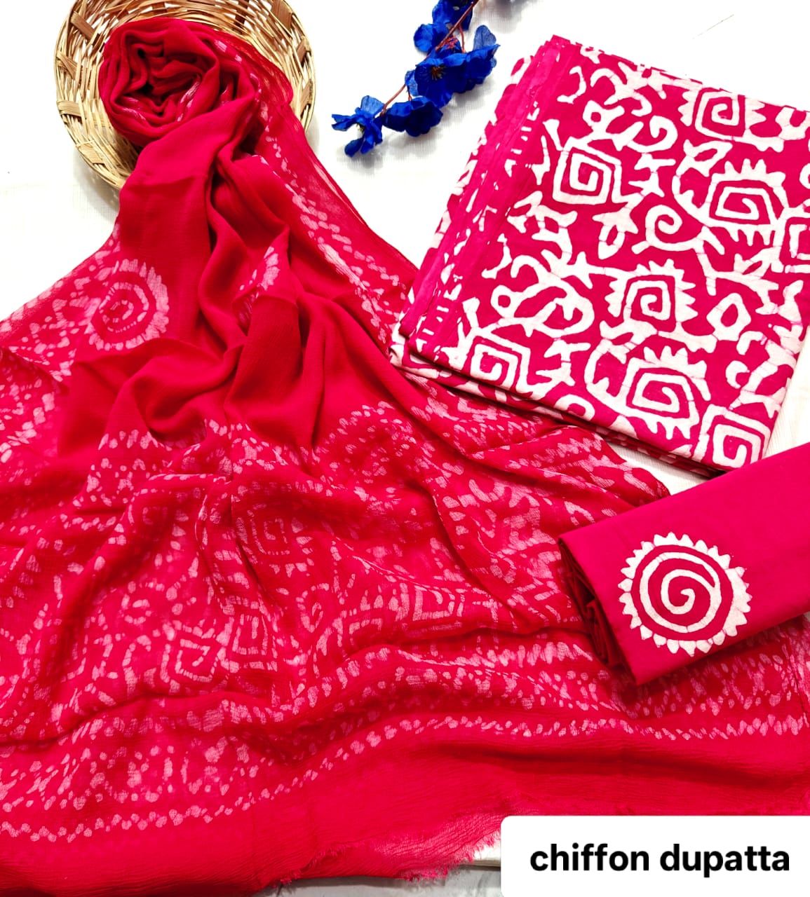 Bright Red Bandhani Style Traditional Handblock Cotton Suit Set with Chiffon Dupatta