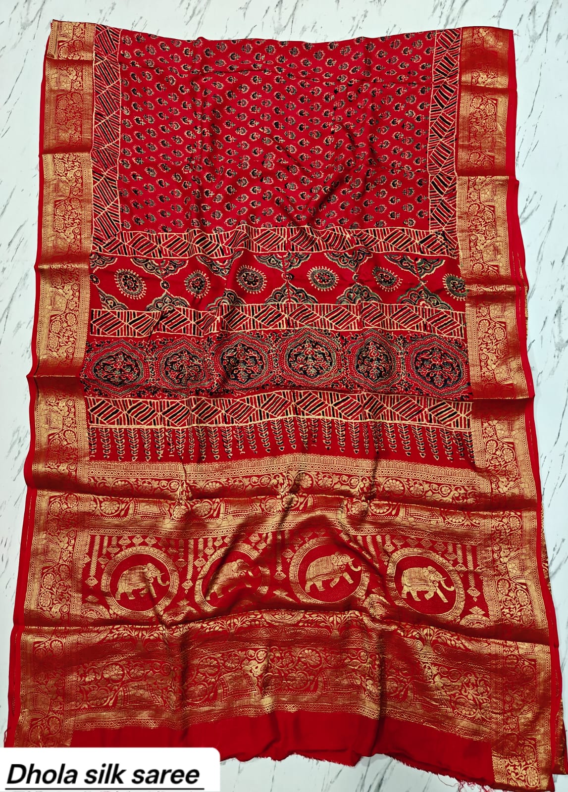 Bright Red Elephant Motif Pure Dola Silk Ajrakh Handblock Printed Saree