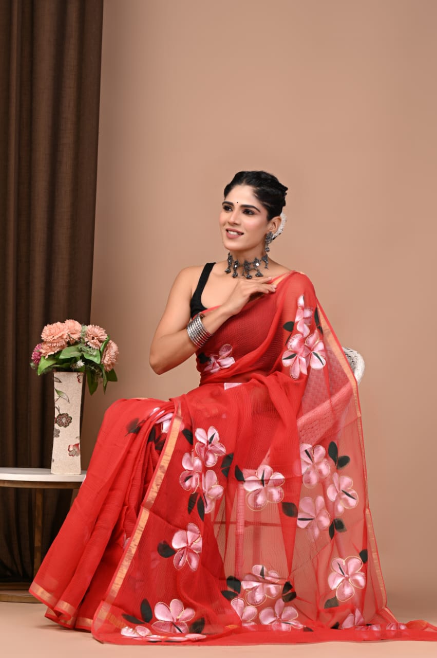 Bright Red Floral Hand Painted Hand Block Printed Kota Doria Cotton Saree