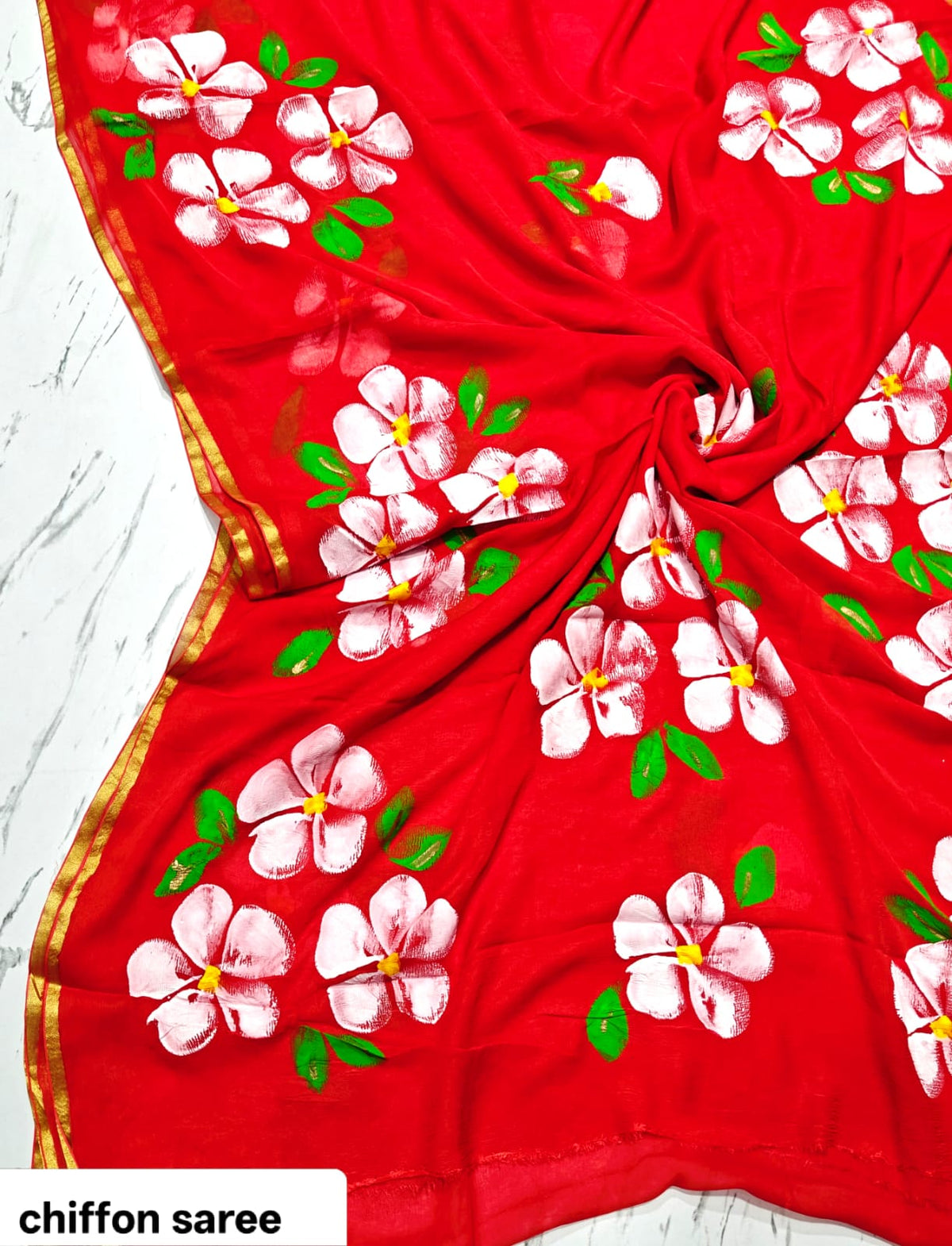 Bright Red Large Floral Motif Pure Hand Block Printed Double Diamond Chiffon Saree
