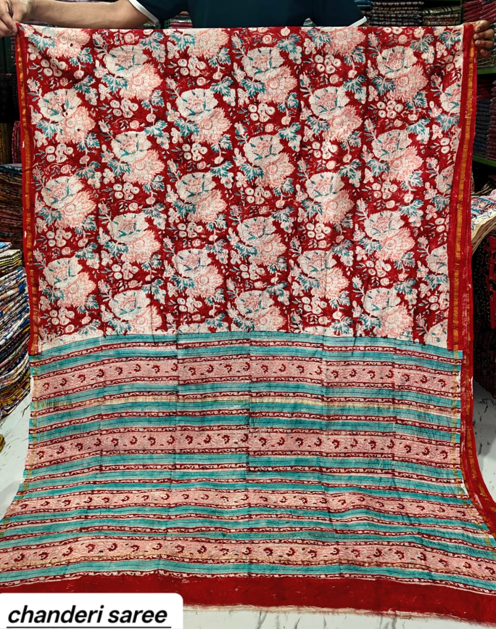 Bright Red Paisley Vine Chanderi Bagru Handblock Printed Silk Cotton Saree With Blouse