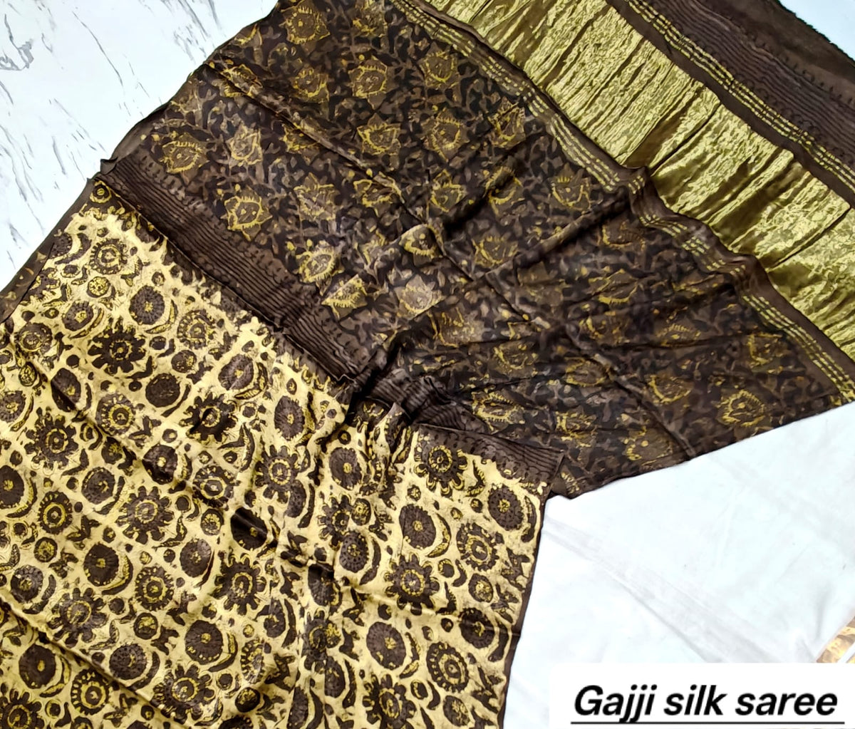 Brown & Black Geometric Ajrakh Handblock Saree in Pure Gajji Silk