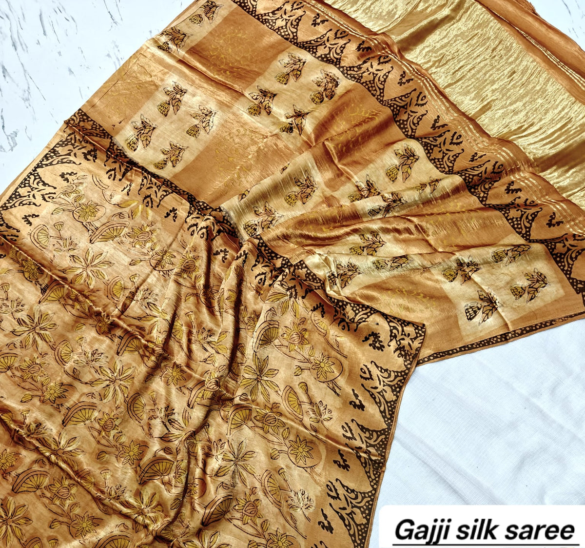 Brown & Mustard Bandhani Ajrakh Handblock Saree in Pure Gajji Silk