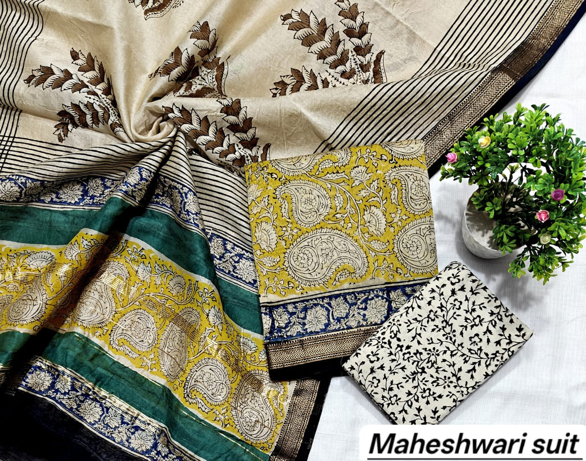 Cream and Olive Green Leaf Border Handblock Printed Pure Maheshwari Silk Suit Set with Zari Border