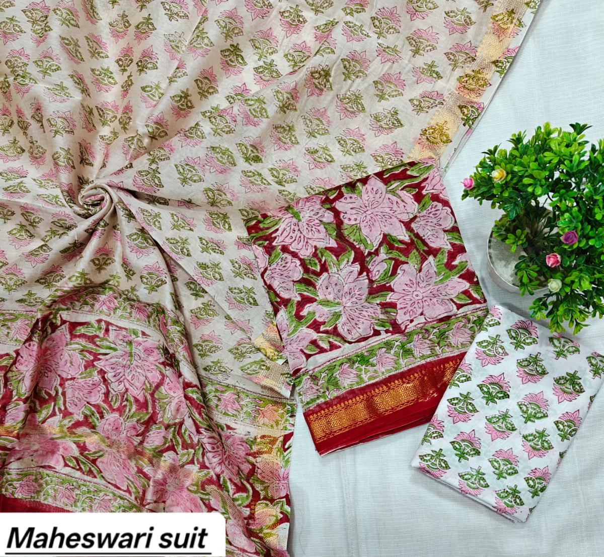Cream with Pink and Green Floral Handblock Printed Pure Maheshwari Silk Suit Set with Zari Border