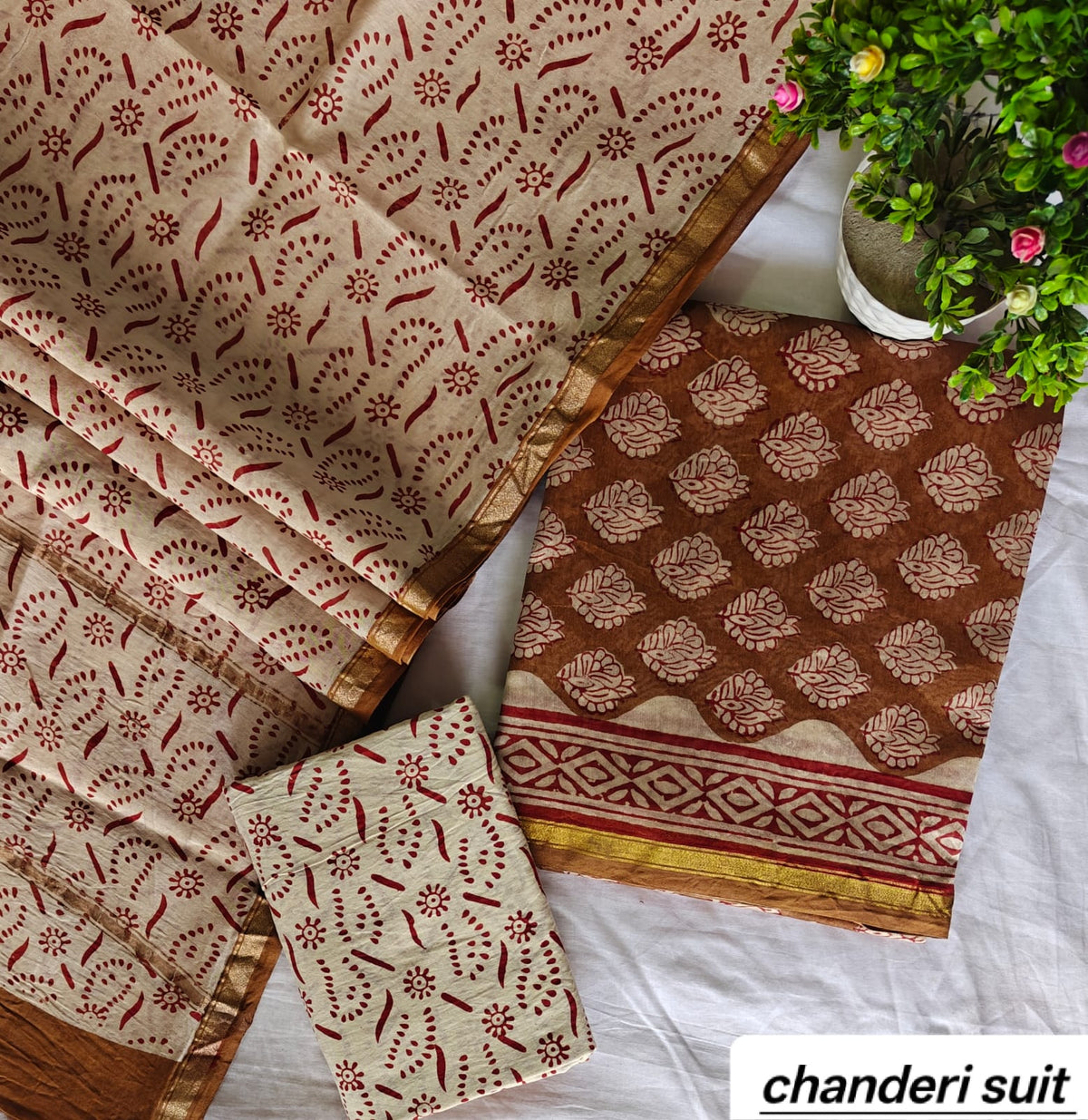 Cream and Red Zigzag Pattern Handblock Printed Pure Chanderi Silk Unstitched Suit Set