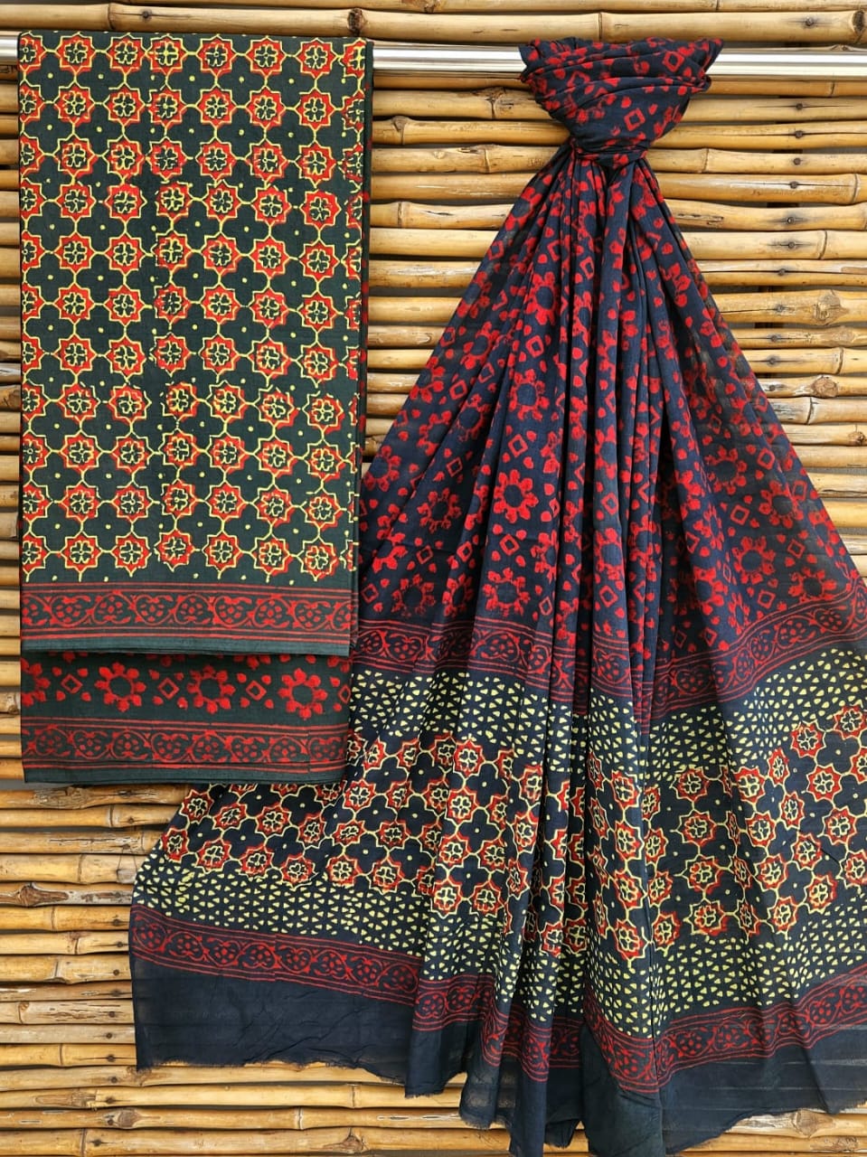 Crimson Red and Black Check Handblock Printed Cotton Suit Set - Floral Border