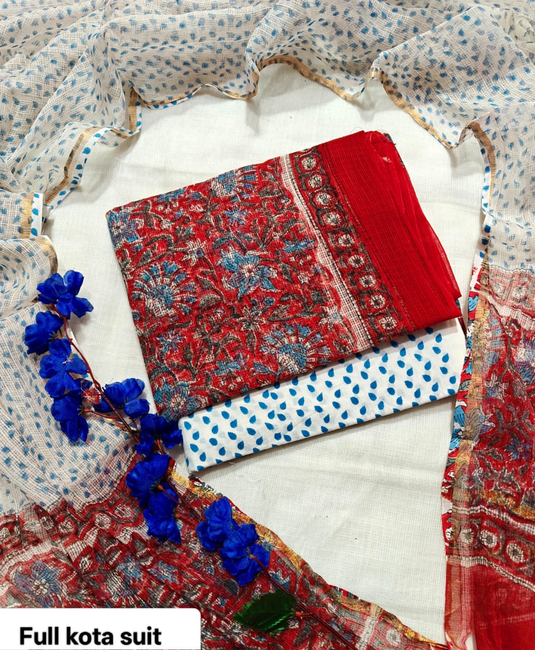 Crimson Red and Blue Floral Booti PURE KOTA DORIA HAND BLOCK PRINTED SUIT