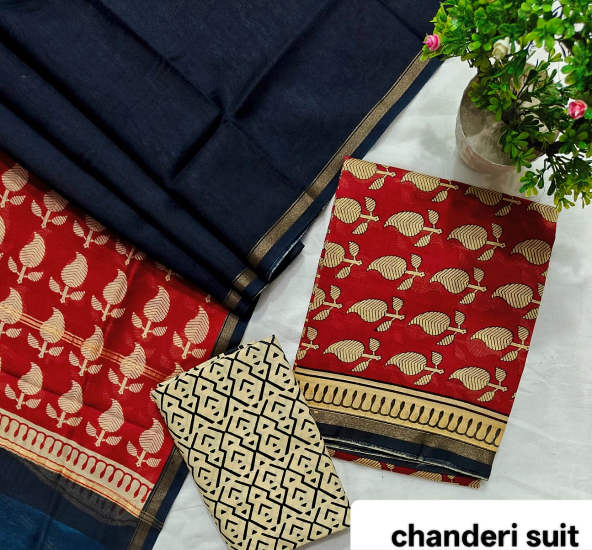 Crimson Red and Navy Blue Floral Block Handblock Printed Pure Chanderi Silk Unstitched Suit Set