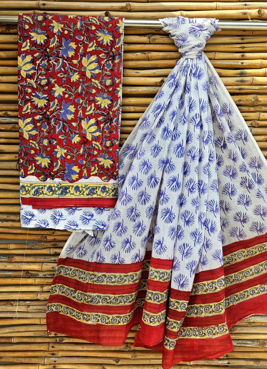 Crimson Red and White Abstract Handblock Printed Cotton Suit Set - Floral Jaal Border