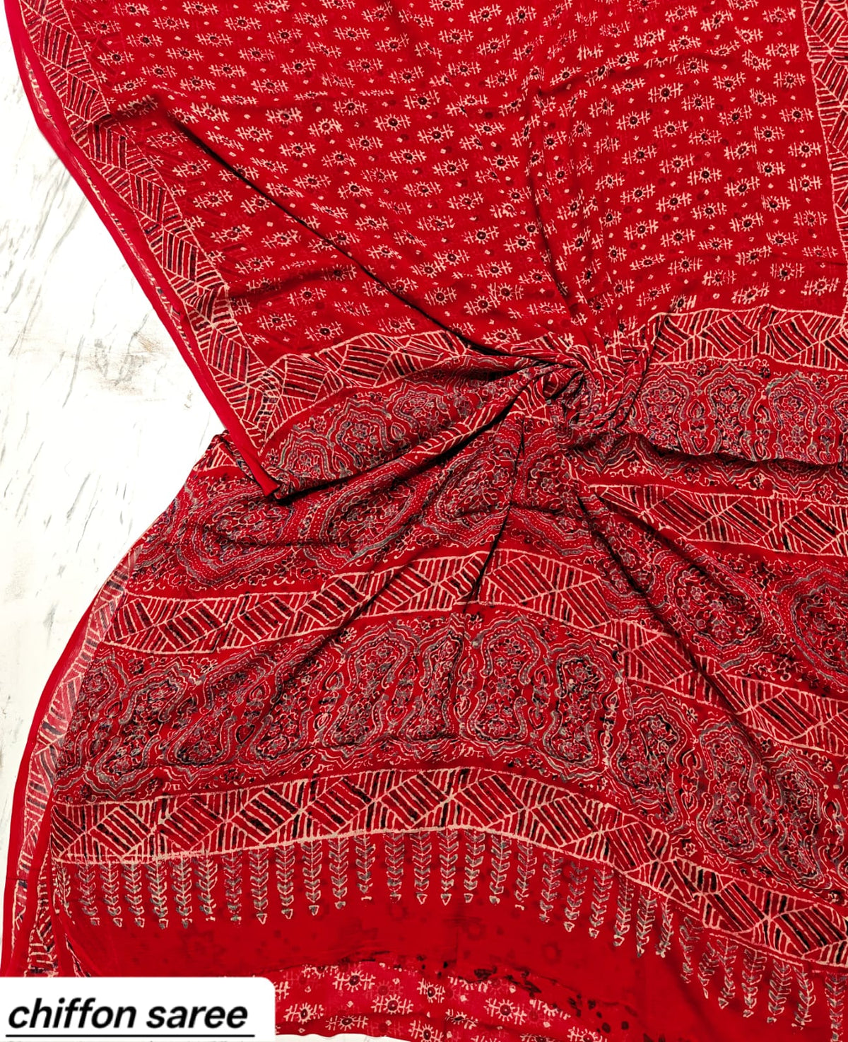 Crimson Red Check Pure Hand Block Printed Double Diamond Chiffon Saree