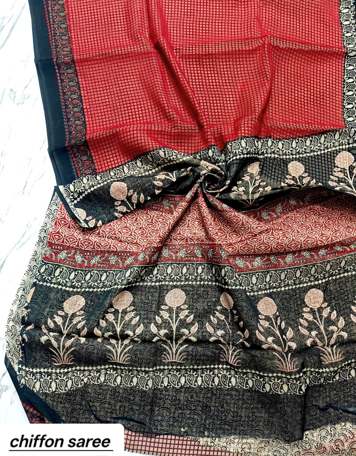 Crimson Red and Black Check Pure Hand Block Printed Double Diamond Chiffon Saree
