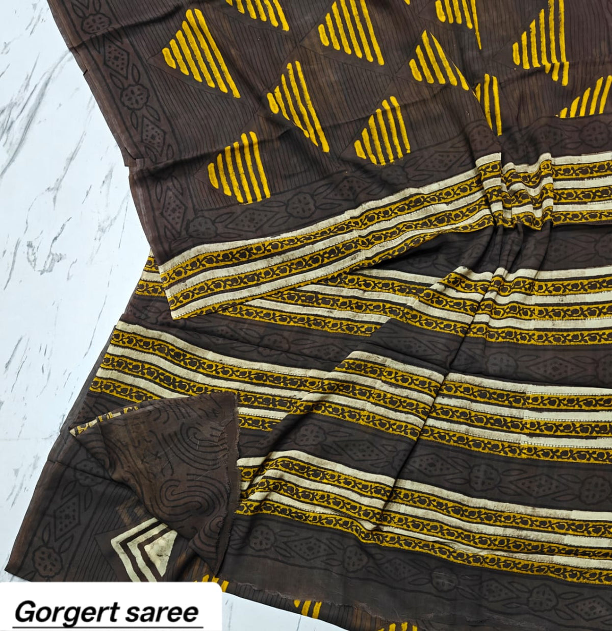 Dark Brown & Mustard Striped Handblock Printed Georgette Saree