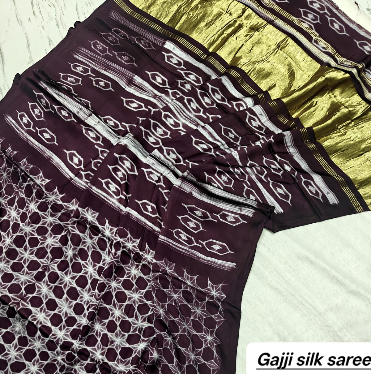 Dark Brown & White Geometric Ajrakh Handblock Saree in Pure Gajji Silk