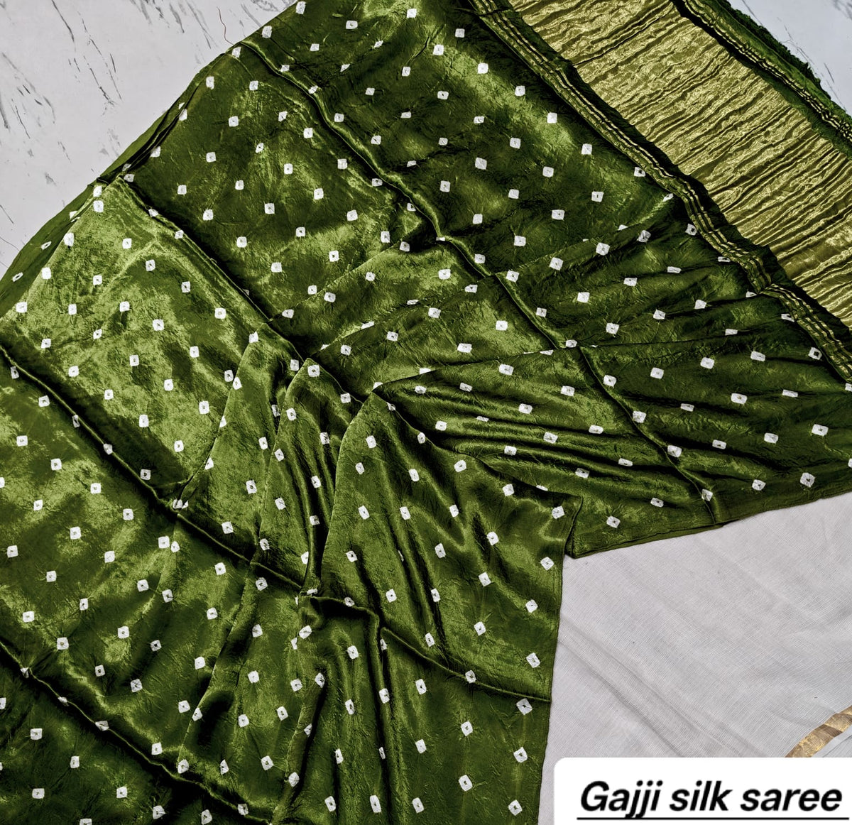 Dark Green Bandhani Ajrakh Handblock Saree in Pure Gajji Silk