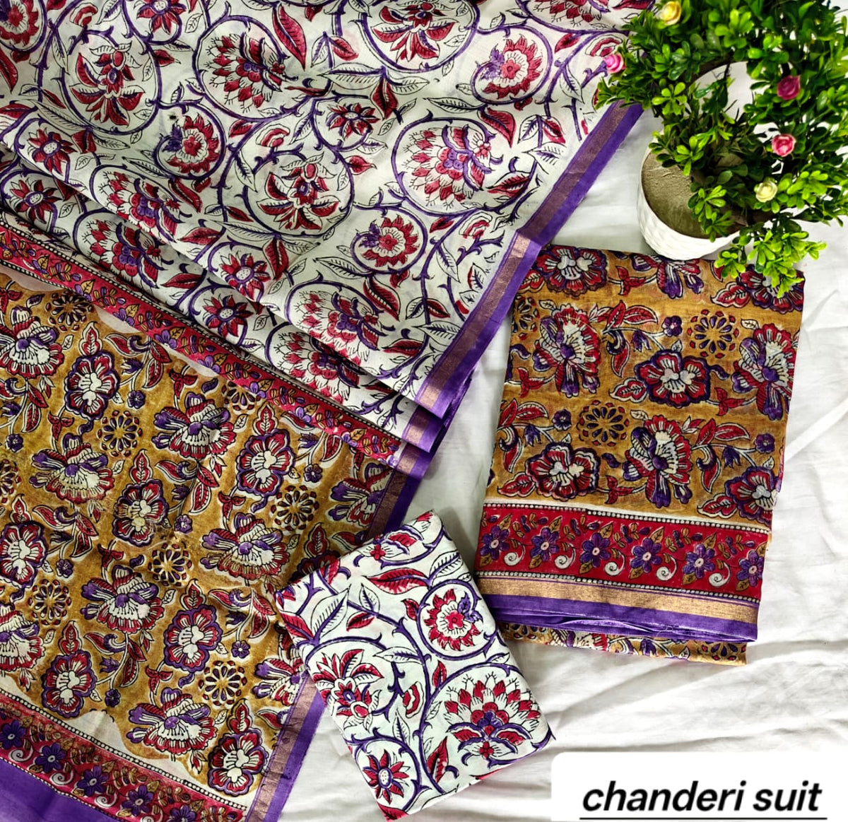 Deep Plum Floral Jaal Handblock Printed Pure Chanderi Silk Unstitched Suit Set