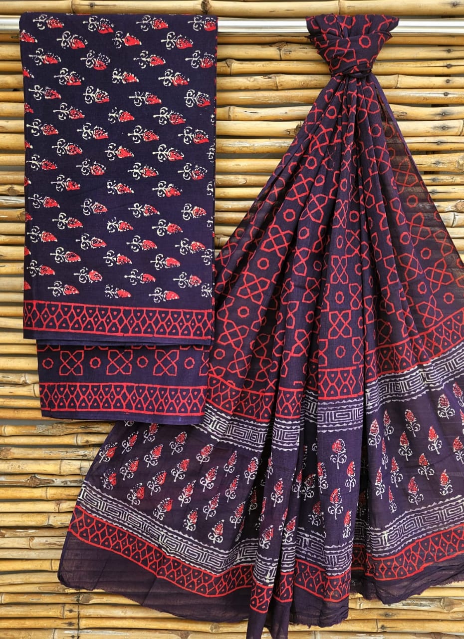 Deep Purple and Indigo Handblock Printed Cotton Suit Set - Floral Motif Border