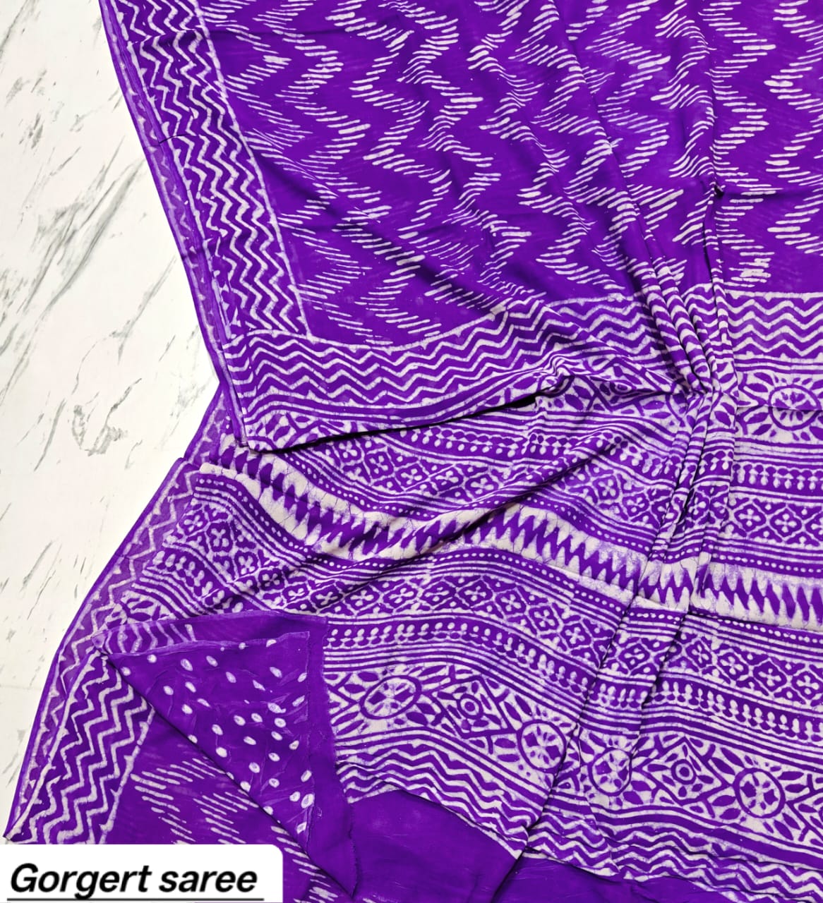 Deep Purple Chevron Handblock Printed Georgette Saree