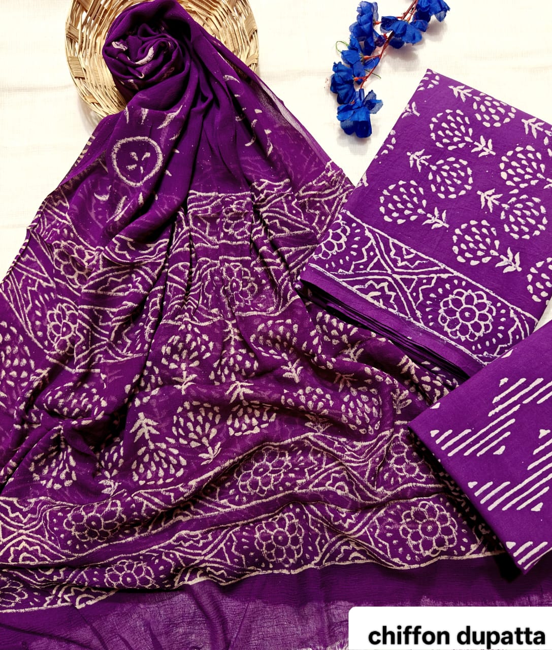 Deep Purple Classic Traditional Handblock Cotton Suit Set with Chiffon Dupatta