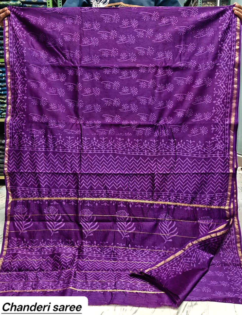Deep Purple Solid Chanderi Bagru Handblock Printed Silk Saree With Blouse