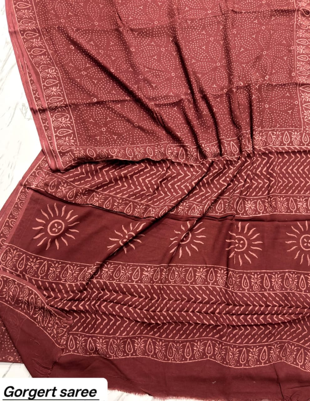 Dusty Rose Geometric Handblock Printed Georgette Saree