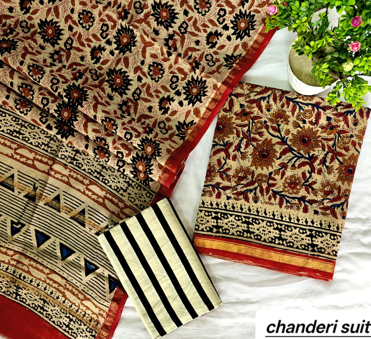 Earthy Rust Geometric Triangular Handblock Printed Pure Chanderi Silk Unstitched Suit Set