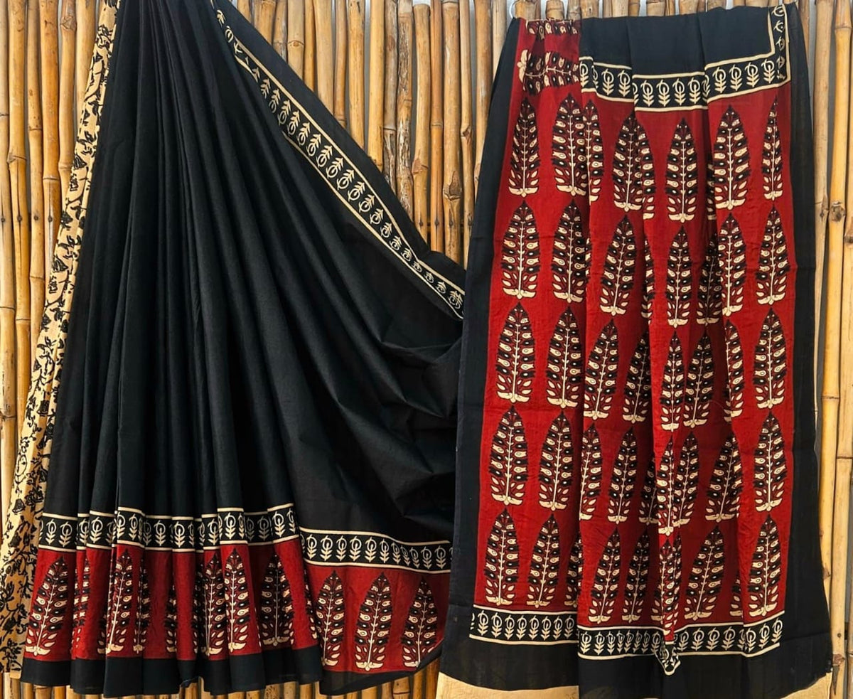 Elegant Black & Red Leaf Motif Handblock Printed Pure Mulmul Cotton Saree
